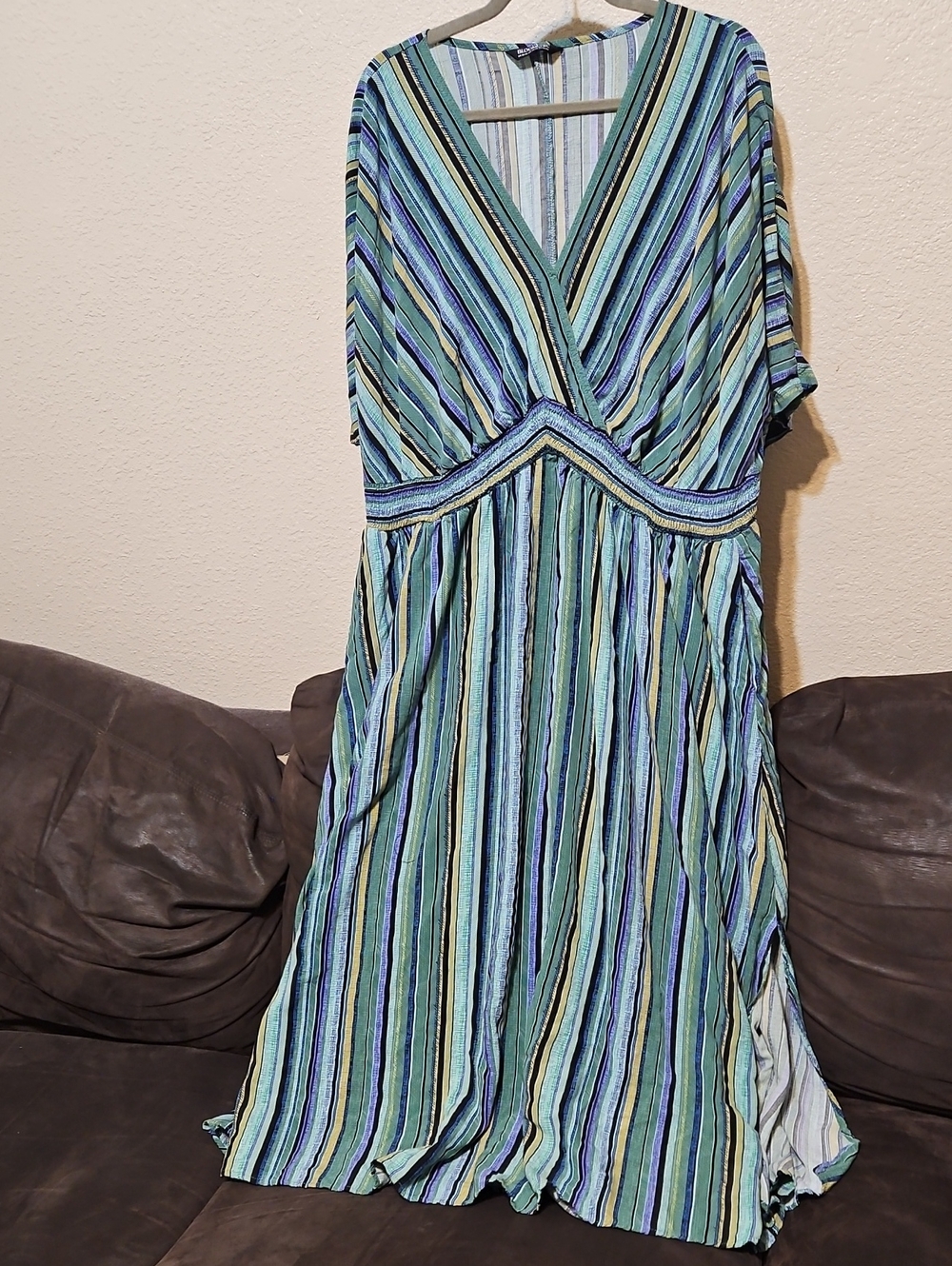 BloomChic Striped V-Neck Maxi Dress in Green, Blue & White